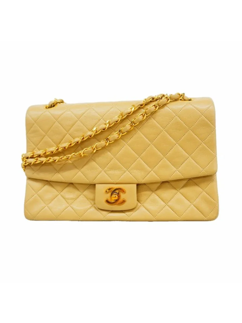 Chanel Shoulder Bag Quilted Lambskin Beige Gold